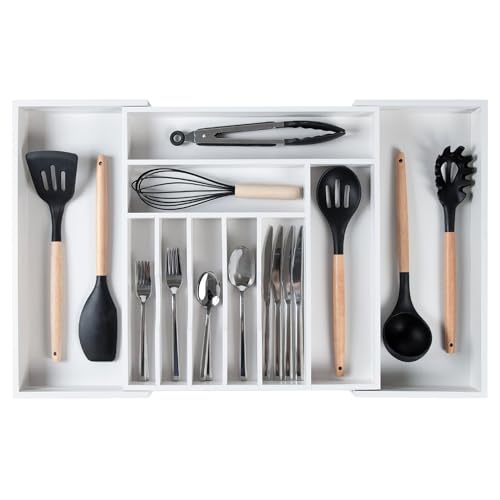 KitchenEdge Premium Silverware, Flatware and Utensil Organizer for Kitchen Drawers, Food-Safe Contract Grade, Expandable from 16 to 28 In, White Bamboo - color: White Bamboo, size: From 16" to 28" wide