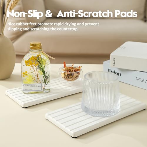 2PCS Water Absorbing Stone Drying Tray Mat for Bathroom Sink & Kitchen Counter Faucet Organizer, Quick Dry Dish Rack Soap Dispenser Sponge Holder, Vanity Sink Caddy Bar Coaster, Ivory White 8“x 4” - color: 2pcs - 8"x 3.8" - Ivory White