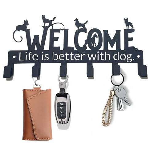 Key Holder Wall Mount with 6 Hooks, Welcome Dogs Key Rack Organizer for Entryway, Kitchen, Office - Rustproof, Waterproof - Easy Installation,Gift for New Homeowners - 9.8inch/25cm - color: Welcome Dog