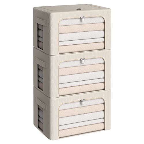 CYhom 3Pack Frame Storage Box - Clothes Storage Bin Bags Oxford Fabric Foldable Stackable Container Organizer Set with Clear Window & Carry Handles (Beige, X-Small-36L) - color: Beige, size: Small-36L