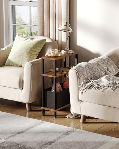 CHOEZON Small Narrow Side Table with Charging Station, Skinny End Table with Fabric Basket, Slim Nightstand for Small Spaces, Sofa Side Table, for Living Room, Bedroom, Rustic Brown and Black TBZ07UBF - color: Rustic Brown + Black