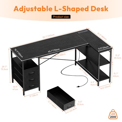 Alpen Computer Desk with Drawers, L Shaped Desk for Bedroom with Power Outlets, Gaming Table with Storage Shelves, Corner Desk for Gaming, Study Writing PC Table, 55 Inch, Black - color: Black, size: 55 Inches