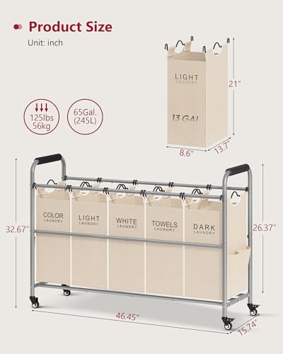 Tajsoon Laundry Sorter 5 Sections, Laundry Hamper with Heavy Duty Lockable Wheels and Removable Bags, 5 Bag Rolling Laundry Sorter Cart for Dirty Clothes Storage, Laundry Separator Hamper, Beige - color: Beige