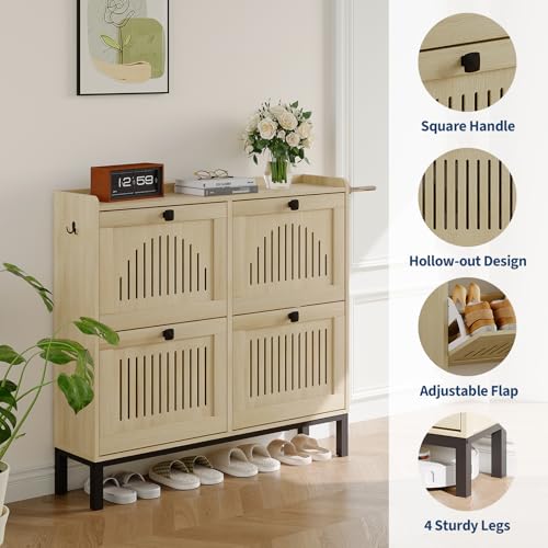 4-Door Flip Front Shoe Cabinet with Adjustable Shelves – Hidden Entryway Storage Organizer for Hallway, Foyer, Living Room – Freestanding Wooden Shoe Rack with Large Capacity & Modern Design, Natural - color: Natural Oak, size: 9.45"D x 41.34"W x 37.9"H