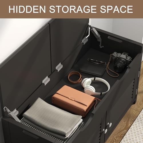 ChooChoo Shoe Storage Bench with Lift Top Storage, Entryway Bench with 2 Cushioned Seats, 3 Compartments, Adjustable Shelf, Shoe Cabinet for Entryway, Bedroom, Living Room, Black - color: Black, size: 13.78"D x 29.53"W x 19.69"H