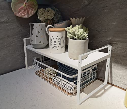 Jojocross Expandable Stackable Spice Rack Cabinet Shelf Organizer in Cabinets Shelves Kitchen Cupboard Organization Stack up Racks Pantry Countertop Storage Medium/White 1 Pack - color: 1 Pack/White, size: M:7.85"D x 16.6"W x 5.75"H
