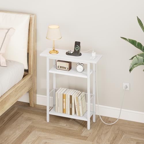 Vagusicc Narrow Side Table with Charging Station, Skinny Side End Table for Couch, 3-Tier Small End Tables for Small Spaces, 25.2" Tall Slim Nightstand Bedside Table for Living Room, Bedroom, White - color: White, style: With Plug
