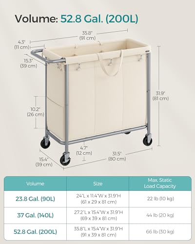 SONGMICS Laundry Basket with Wheels, 3-Section Rolling Laundry Hamper, 52.8 Gallons (200 L), Removable Liner, Steel Frame with Handle, 35.8 x 15.4 x 31.9 Inches, Cream White URLS005W01 - color: Cream White, size: 200 L (3-Section), style: Rectangular with