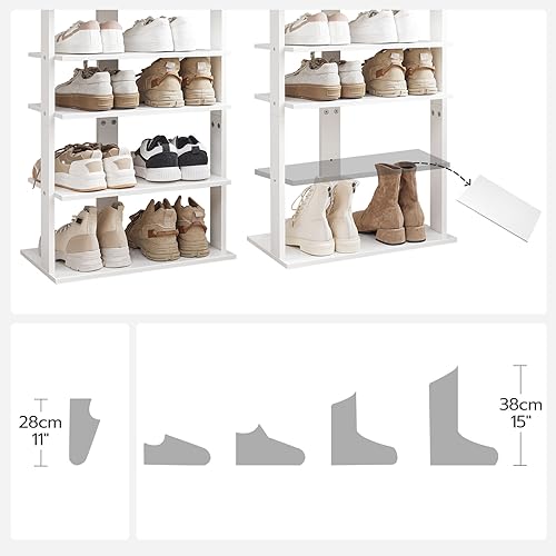 HOOBRO Vertical Shoe Rack, 8 Tier Wooden Shoe Storage Organizer with Hooks, Narrow Shoe Tower for 16 Pairs, Space Saving, for Entryway, Living Room, Bedroom, White WT750XJ01 - color: White, size: 8 Tier (19.7"W)