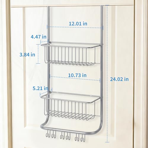 Garvee Over The Door Organizer, 2-Tier Metal Shower Caddy with 6 Hooks, Adjustable Hanging Storage for Bathroom, Bedroom, Pantry & Closet, Space Saving Solution, 11.8"x5.1"x24.2" - color: silver