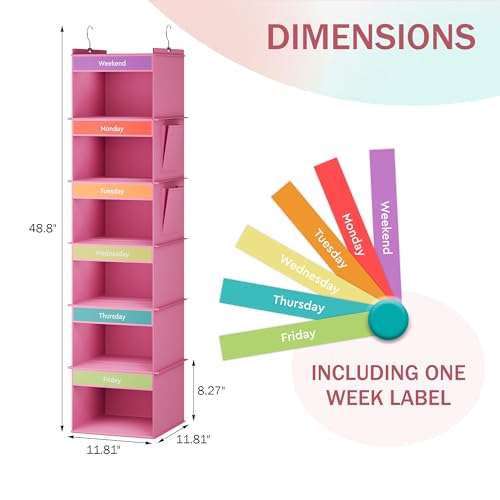 YOUDENOVA 6-Shelf Weekly Hanging Closet Organizer, Weekly Clothes Organizers for Kids with 2 Side Pockets, Pink - color: Pink