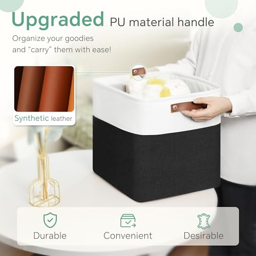 FinishingBo Cube Storage Baskets 6 Pack, 11x11 inch Cube Storage Bins with Leather Handles for Shelf Closet (White/ Black) - color: White/ Black