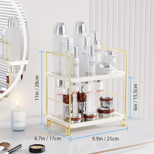 FSyueyun 2-Tier Bathroom Counter Organizer, Tool-Less Vanity Organizer for Skincare, Premium Plastic Bathroom Organizer Tray for Perfume & Cosmetics, （White & Gold） - color: Gold