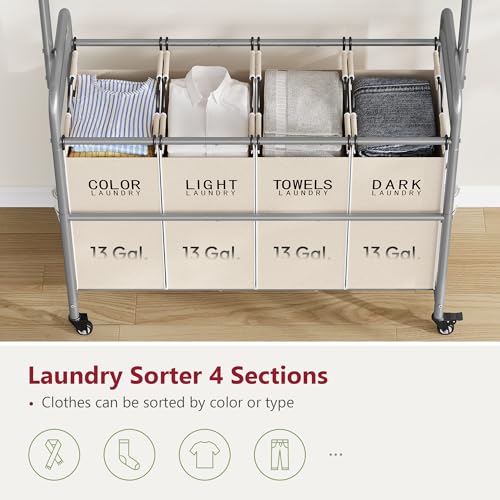 Tajsoon Laundry Hamper with Hanging Rack, Laundry Sorter 4 Sections, 4 Basket Butler with Lockable Wheels and Removable Bag, Rolling Laundry Cart for Bedroom, Beige - color: Beige, size: 4 bag