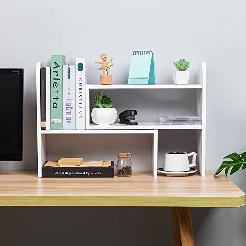 VERGOODR Desktop Adjustable Natural Wood Book Shelf Organizer Office Storage Rack Display Stand Caddy Set Expandable Desk Organizer (White) - color: White