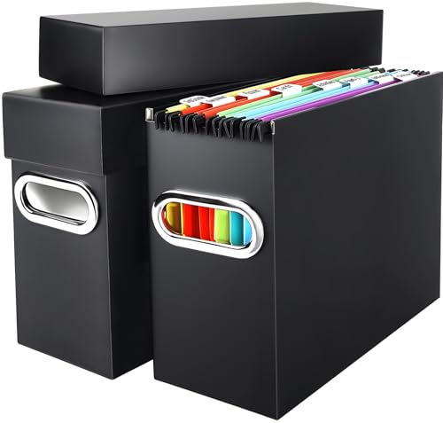 File Organizer Box with Lid & Handle, Thickened Cardboard Hanging File Folder Storage Boxes for Letter Size, Portable Filing Organizer for Office, Home, Classroom, Black 2 Pack - color: Black, size: 2 Pack