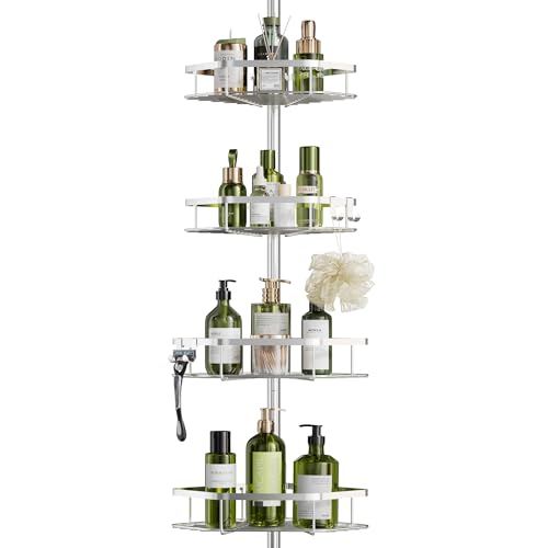 LAMU Shower Caddy Corner Tension Pole, Stainless Steel Shower Organizer, Strong Spring, 5 Adhesive Pads, 2.4 in Non-Slip Grid Base, Adjustable 4-Tier Basket, 4 Hooks, Fits Heights 37.8-124 in, Silver