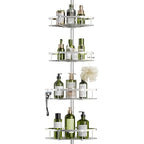 LAMU Shower Caddy Corner Tension Pole, Stainless Steel Shower Organizer, Strong Spring, 5 Adhesive Pads, 2.4 in Non-Slip Grid Base, Adjustable 4-Tier Basket, 4 Hooks, Fits Heights 37.8-124 in, Silver