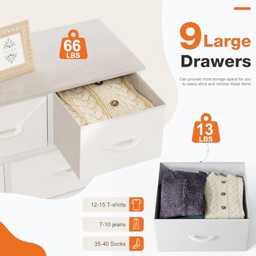 Sweetcrispy 9-Drawer Fabric Dresser Storage Tower with Wood Top and Steel Frame, Organizer Chest with Easy Pull Handles for Bedroom, Closet, Hallway,Pure White - color: White, size: 11.8"D x 39.6"W x 39.8"H (9 Drawers)