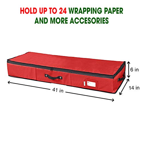 Primode Wrapping Paper Storage Container | Gift Wrap Organizer Under Bed | 41”x14”x6” | Fits 18-24 Rolls Up to 40” | 600D Oxford | Box Holder with Pockets for Ribbon, Bows and Accessories (Red) - color: Red