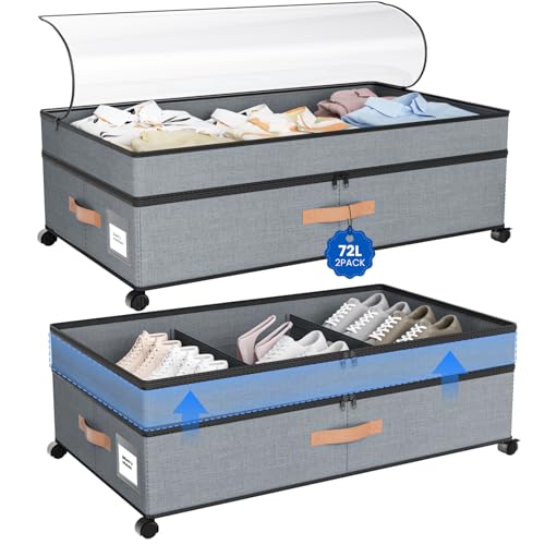 Storage Box,Under Bed Storage with Wheels 72L XXL Under the Bed Storage Containers Large, 10‘’ Tall Adjustable Storage for Underbed with Lids, Rolling for Shoes, Clothes, Blankets, Grey - color: Grey