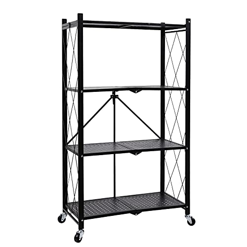 4-Tier Heavy Duty Foldable Metal Rack Storage Shelving Unit with Wheels Moving Easily Organizer Shelves Great for Garage Kitchen, Black - color: Black, size: 4-Tier