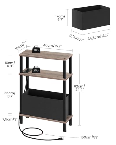 CHOEZON Small Narrow Side Table with Charging Station, Skinny End Table with Fabric Basket, Slim Nightstand for Small Spaces, Sofa Side Table, for Living Room, Bedroom, Greige and Black TBZ07UFH - color: Greige + Black