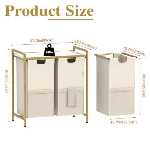Huhote Laundry Hamper, double Laundry Basket, Laundry Sorter with Top Shelf & 2 Removable Washable Bags & Side Pockets for Laundry Room organization, Bathroom and Dorm, Gold and White - color: 2 bags-Gold