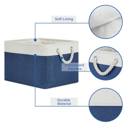 Temary Fabric Storage Baskets 4Pack Storage Bins Decorative Basket for Gift, Clothes Bin with Rope Handle, Rectangle Baskets for Storage, Blankets(White&Blue,15x11x9.5 inch) - color: White&blue, size: 15"L x 11"W x 9.5"H