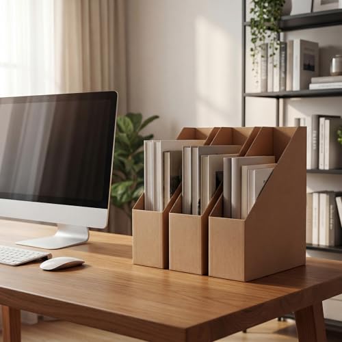 EXYGLO 12 Pack Brown Magazine File Holder, Cardboard Magazine Rack with Label, Foldable Storage Organizer Box for Book, Documents, 10x3.3x12 Inches - color: Brown