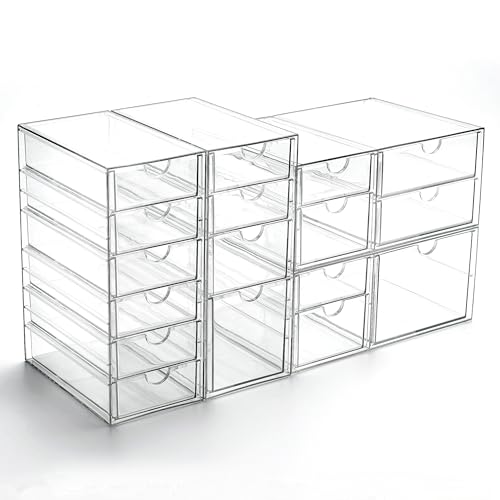 Prsildan Acrylic Drawer Organizer with 17 Drawers, Craft Office Desk Makeup Organizers Accessories, Set of 4 Clear Stackable Storage Drawers for Vanity, Countertop, Jewelry, Art Supply Organization - style: 17 Drawers