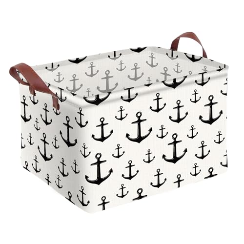 Anchor Storage Basket Waterproof Canvas Toy Storage Bin Home Anchor Decor Collapsible Outdoor Basket with Leather Handles Nautical Decor Blanket Baskets For Closets,Bedrooms,Gifts Baskets - color: Anchor
