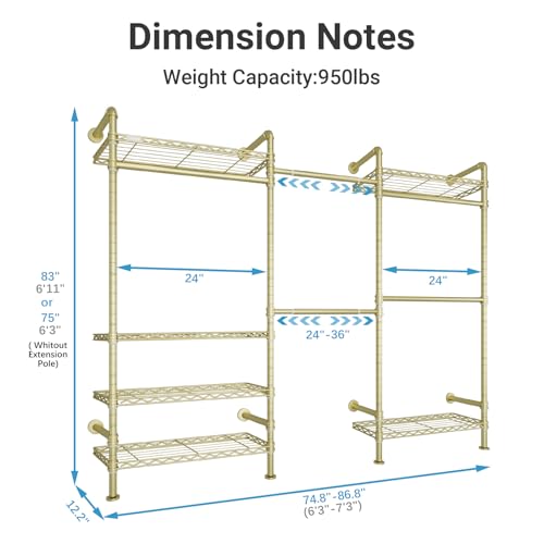 Timate F3 Garment Rack Heavy Duty Clothes Rack for Hanging Clothes, Expandable Industrial Pipe Wall Mounted Clothing Rack, Adjustable Storage Wardrobe Closets Kit Walk in Closet Systems, Gold - color: Gold, size: F3