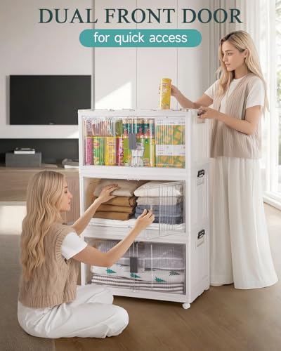 OlarHike 97QT Stackable Storage Bins with Lids - Folding Storage Box with Doors and Wheels, Collapsible Plastic Storage Drawers for Closets and Organization, Garage, Office, Cabinet, 4 Pack Cubes - size: 97QT-White, style: 4Pack