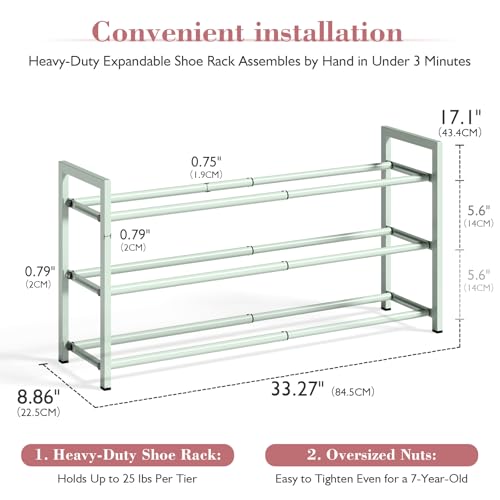 Bumusty 3-Tier Expandable Shoe Rack for Closet, 18“-33” Adjustable Shoe Rack for Small Space, Small Shoe Organizer for Front Door, Sturdy Metal, Green - color: Green, size: 3-Tier