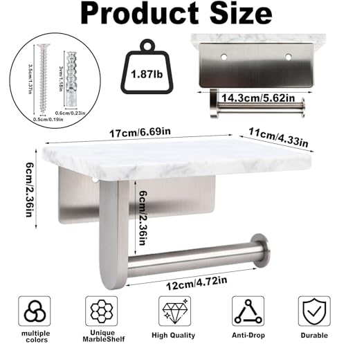 Toilet Paper Holder with Natural Marble Shelf for Bathroom Washroom,Wall Mounted Tissue Holder Suitable for Mega Roll (Brushed Nickel,Small 6.7 * 4.3 in) - color: Brushed Nickel, size: Small 6.7 * 4.3 in