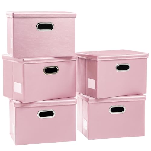 PRANDOM Foldable Storage Bins with Lids [5-Pack] Leather Fabric Collapsible Storage Boxes Organizer Containers Baskets Cube with Cover for Bedroom Closet Office Nursery Pink (14.9x10.8x10) - color: Pink, size: Medium(5-Pack)
