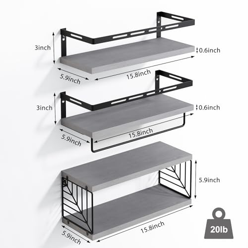Fixwal 3+1 Tier Wall Mounted Bathroom Shelves Over Toilet, Rustic Wood Floating Shelves with Metal Frame and Towel Bar for Bathroom, Kitchen, Bedroom, Living Room (Gray) - color: 2-gray