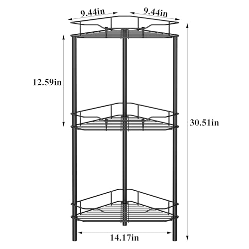 HuggieGems 3 Tier Floor Standing Corner Shower Caddy Organizer Shelf with Hooks, Bathroom Shelves Stand Rack, Black - color: Black, size: 3 Tier
