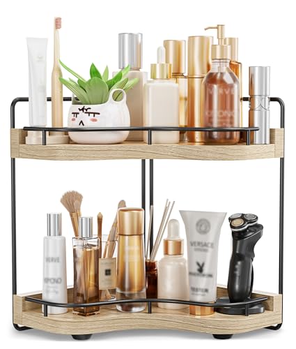 2-Tier Corner Bathroom Counter Organizer with Embedded Screw Holes, Secure & Stable Wood Vanity Shelf for Makeup and Skincare Essentials - Space Saving Bathroom Countertop Storage, ‎‎Light Walnut - color: ‎‎Light Walnut