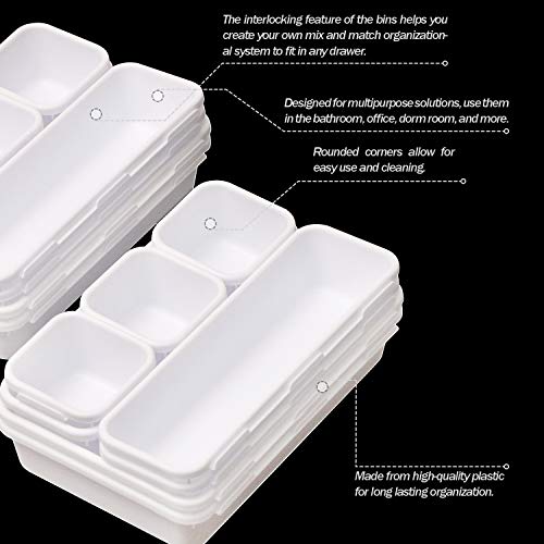 Set of 12 Interlocking Desk Drawer Organizer Tray Dividers Plastic Shallow Narrow Drawers Organizers Separators Storage Bins Container for Kitchen Bathroom Makeup Office Vanity Bedroom Dresser White - color: White