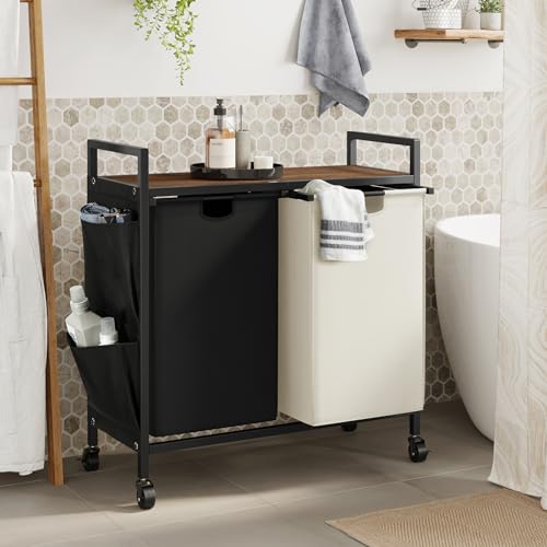 WOWLIVE Double Laundry Hamper with Lid,Rolling Laundry Basket Organizer with Wheels, Iron-Made Laundry Sorter with Top Shelf and 2 Removable Bags,Large Clothes Storage for Room,Black and Beige - color: Black and Beige, size: 110L (30.0 x 13 x 32 Inches)