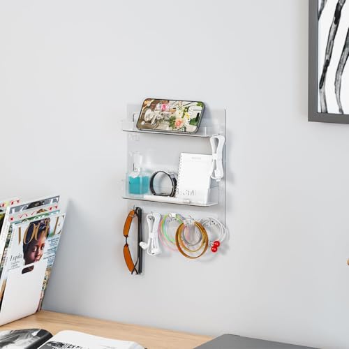 SuoXing Bedside Wall Organizer for Bedroom,Rv,Small Rooms,Nightstand and Bedside Wall Shelf for Earphone,Glasses,Remote Control,Phone Charging Shelf,Dorm Decor for College Girls and Teen Girl,Clear - color: Clear