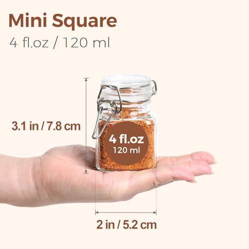 ComSaf Set of 12 Square Glass Spice Jars with Airtight Lids (4 Oz), Mini Favor Jars with Wire Clamp for Honey, Herbs & Farmhouse Kitchen Pantry Organization, with Funnel & Labels - size: 4oz*12