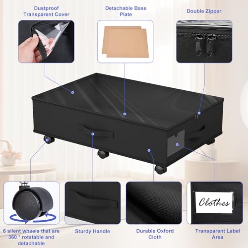 Babenest 4-Pack Under Bed Storage Organizer with Clear Zippered Lid, Foldable Rolling Underbed Drawers on 6 Wheels, Space Saving Clothes, Shoes, Toy Storage for Bedroom, Dorm, Closet - size: 4 Pack