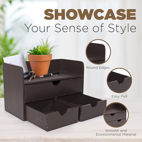 Besti Wooden Office Desk Organizer - Organizing Tool for Desktop, Cubicle, Bedroom, Kitchen - Vintage Style Organization Caddy with Top Tray Shelf & 3 Drawers - 13.6x9x7 Inches (Dark Brown) - color: Dark Brown