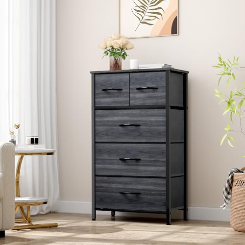 YITAHOME Fabric Dresser with 5 Drawers - Storage Tower with Large Capacity, Organizer Unit for Bedroom, Living Room & Closets - Sturdy Steel Frame, Wooden Top & Easy Pull Fabric Bins - color: Black Wood Grain, style: 5-Drawer