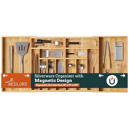 Silverware Organizer Large, Magnetic Connected Expandable 13 Slots Silverware Drawer Organizer From 21 to 37.4 Inches, Adjustable Flatware and Cutlery Holder, Bamboo Utensil Tray for Kitchen Natural - color: Natural, size: 13 Slots