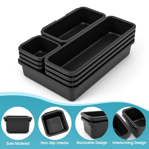 StoreHappily 10 PCS Drawer Organizer Set, 4 Size Makeup Drawer Divider Organizer With Non-Slip Pads, Interlocking Plastic Storage Bins for Office,Jewelry Vanity,Gadgets, Bathroom,Kitchen, Black - color: Black, size: 10Pack
