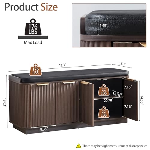 Fluted 2-Tier Entryway Shoe Bench with Doors and Adjustable Shelf, 43.3'' Wide Shoe Storage Bench with Cushion Seat for Entrance, Hallway, Living Room, End of Bed - Espresso - size: Door-espresso